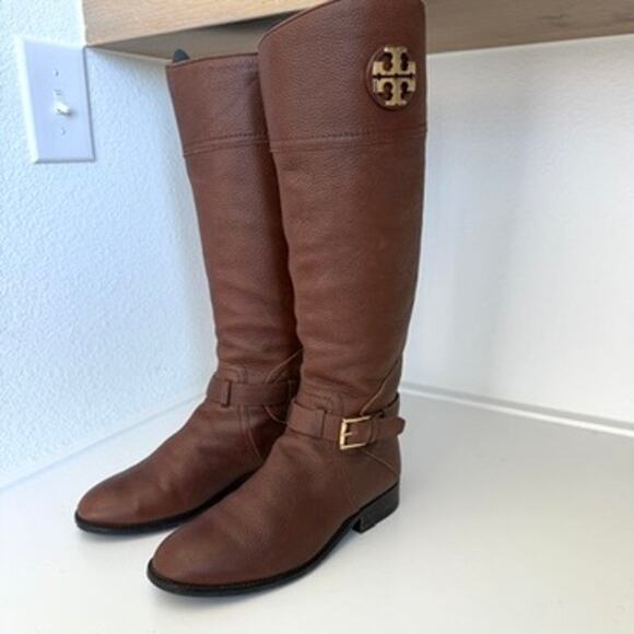 Tory Burch Shoes - TORY BURCH Riding Boots Brown Leather Zip Knee High Logo Buckle Women 7M